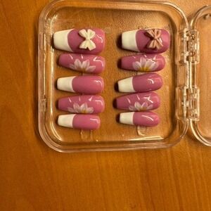 Pink French Tip Press On Nails‎ Bows Flowers Coffin Shape False Nail Set